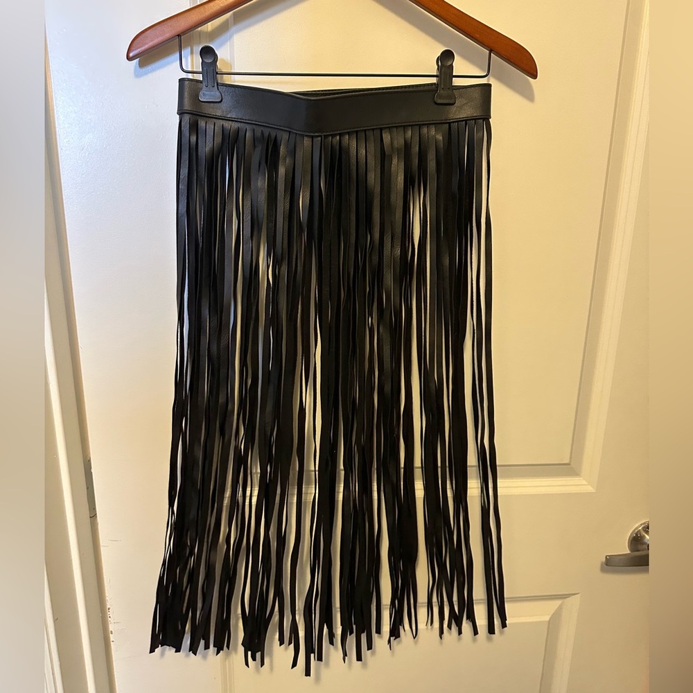 Black Fringe Faux Leather Skirt / Belt. One size